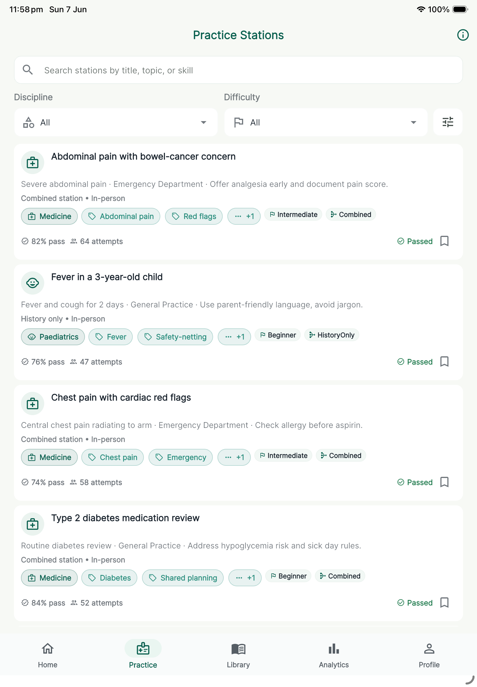 Practice stations screen showing search, filters, tags, attempts, and passed state.
